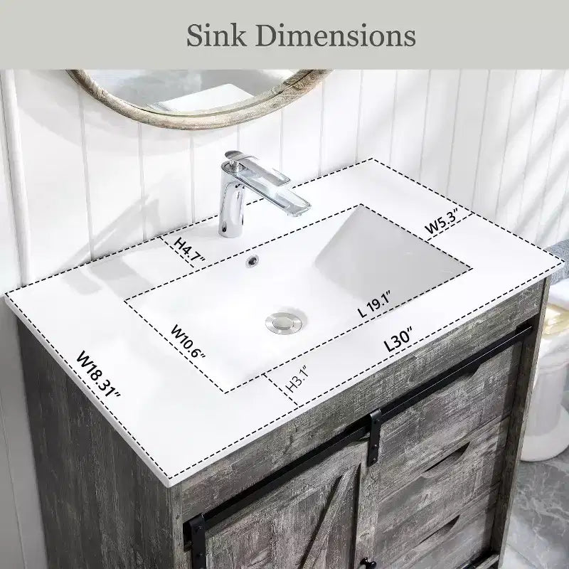 Meuble-lavabo de salle de bain avec évier, meuble-lavabo de ferme de 76 cm de large avec porte coulissante de grange, tiroirs et étagères réglables