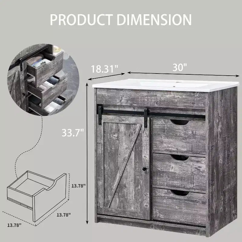 Meuble-lavabo de salle de bain avec évier, meuble-lavabo de ferme de 76 cm de large avec porte coulissante de grange, tiroirs et étagères réglables
