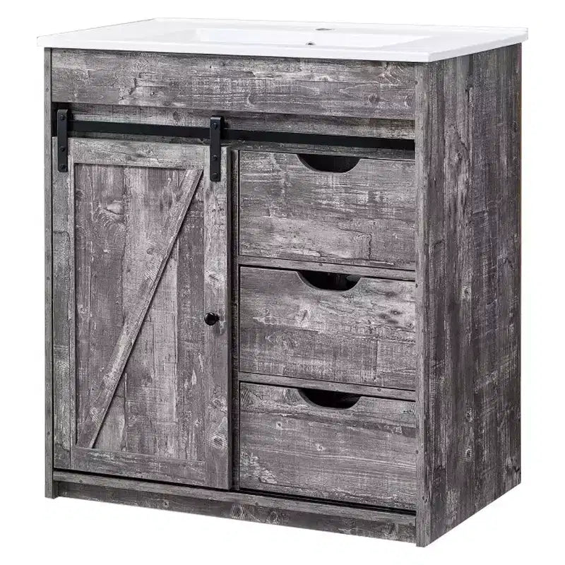 Meuble-lavabo de salle de bain avec évier, meuble-lavabo de ferme de 76 cm de large avec porte coulissante de grange, tiroirs et étagères réglables