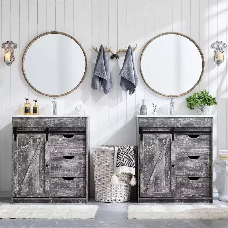 Meuble-lavabo de salle de bain avec évier, meuble-lavabo de ferme de 76 cm de large avec porte coulissante de grange, tiroirs et étagères réglables