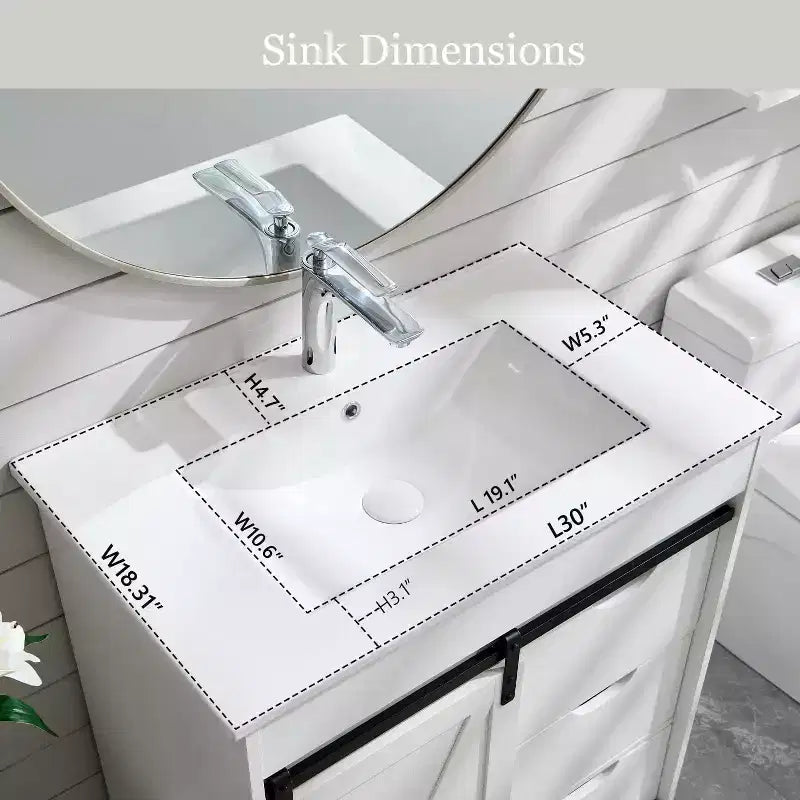 Meuble-lavabo de salle de bain avec évier, meuble-lavabo de ferme de 76 cm de large avec porte coulissante de grange, tiroirs et étagères réglables
