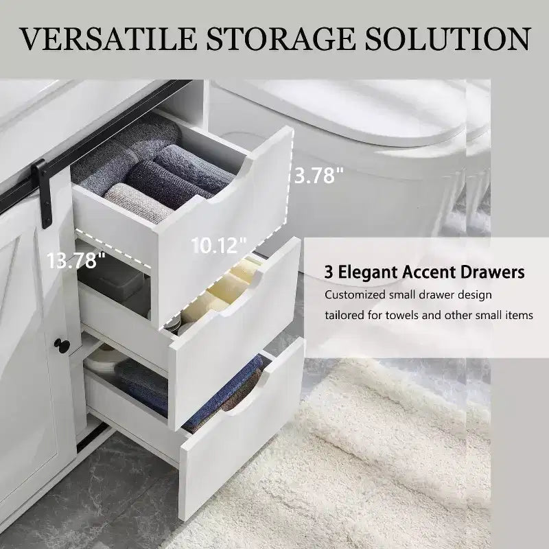 Meuble-lavabo de salle de bain avec évier, meuble-lavabo de ferme de 76 cm de large avec porte coulissante de grange, tiroirs et étagères réglables