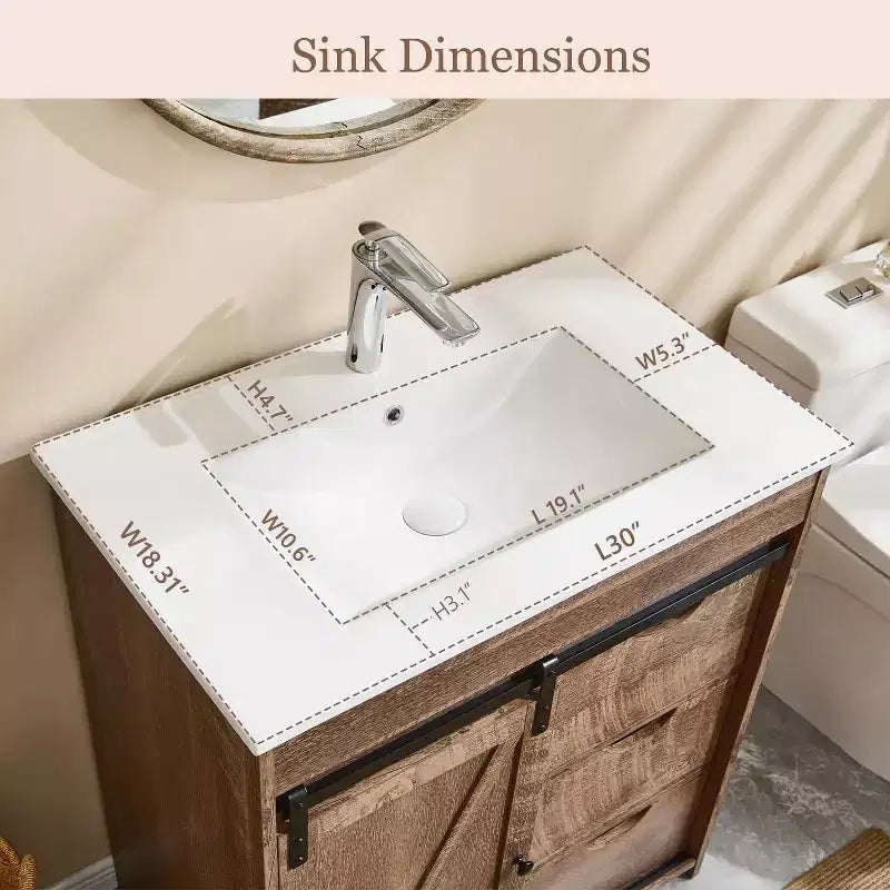 Meuble-lavabo de salle de bain avec évier, meuble-lavabo de ferme de 76 cm de large avec porte coulissante de grange, tiroirs et étagères réglables