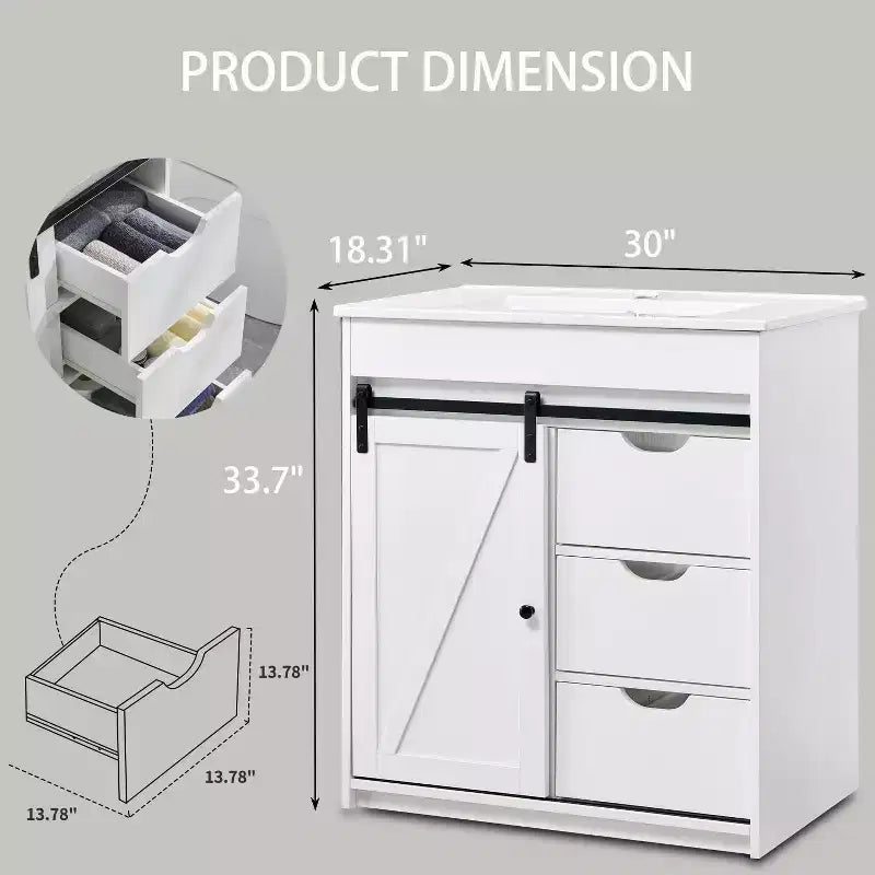 Meuble-lavabo de salle de bain avec évier, meuble-lavabo de ferme de 76 cm de large avec porte coulissante de grange, tiroirs et étagères réglables