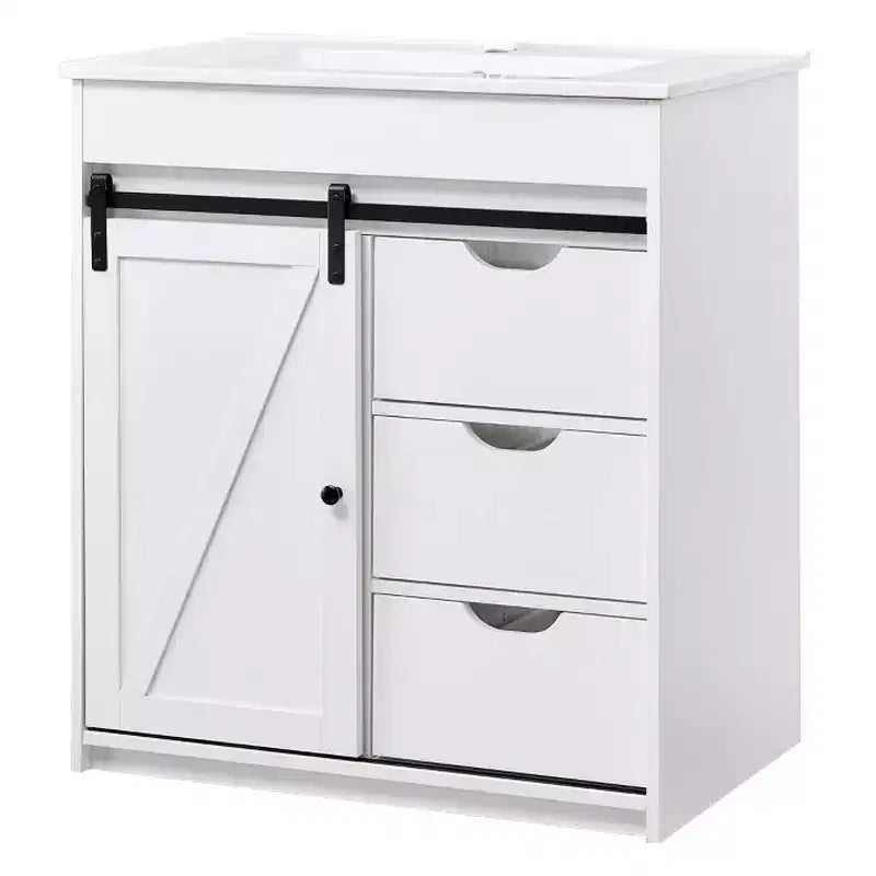 Meuble-lavabo de salle de bain avec évier, meuble-lavabo de ferme de 76 cm de large avec porte coulissante de grange, tiroirs et étagères réglables