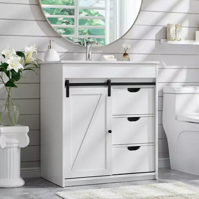 Meuble-lavabo de salle de bain avec évier, meuble-lavabo de ferme de 76 cm de large avec porte coulissante de grange, tiroirs et étagères réglables