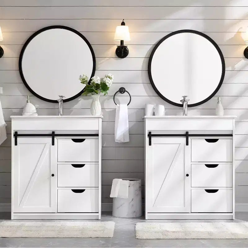 Meuble-lavabo de salle de bain avec évier, meuble-lavabo de ferme de 76 cm de large avec porte coulissante de grange, tiroirs et étagères réglables