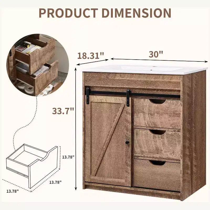 Meuble-lavabo de salle de bain avec évier, meuble-lavabo de ferme de 76 cm de large avec porte coulissante de grange, tiroirs et étagères réglables