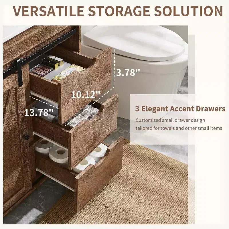 Meuble-lavabo de salle de bain avec évier, meuble-lavabo de ferme de 76 cm de large avec porte coulissante de grange, tiroirs et étagères réglables