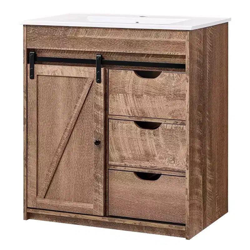 Meuble-lavabo de salle de bain avec évier, meuble-lavabo de ferme de 76 cm de large avec porte coulissante de grange, tiroirs et étagères réglables