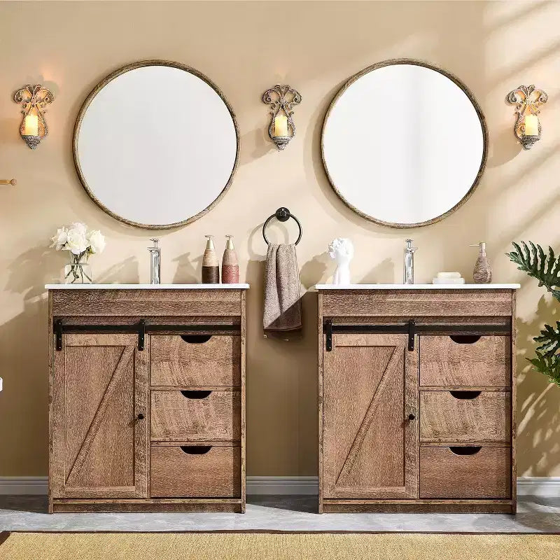Meuble-lavabo de salle de bain avec évier, meuble-lavabo de ferme de 76 cm de large avec porte coulissante de grange, tiroirs et étagères réglables