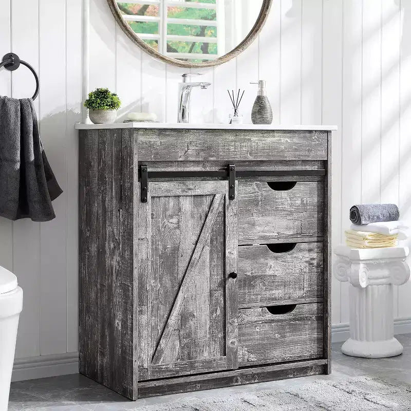 Meuble-lavabo de salle de bain avec évier, meuble-lavabo de ferme de 76 cm de large avec porte coulissante de grange, tiroirs et étagères réglables