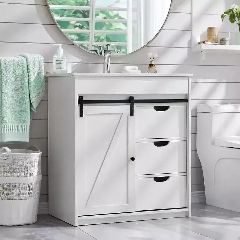 Meuble-lavabo de salle de bain avec évier, meuble-lavabo de ferme de 76 cm de large avec porte coulissante de grange, tiroirs et étagères réglables