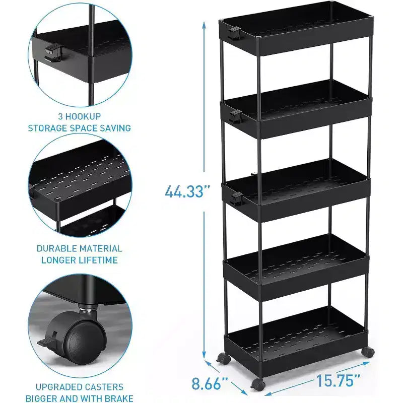 Chariot roulant à 5 niveaux, Organisateur de rangement pour salle de bain, Chariot de service, Étagère coulissante, Noir