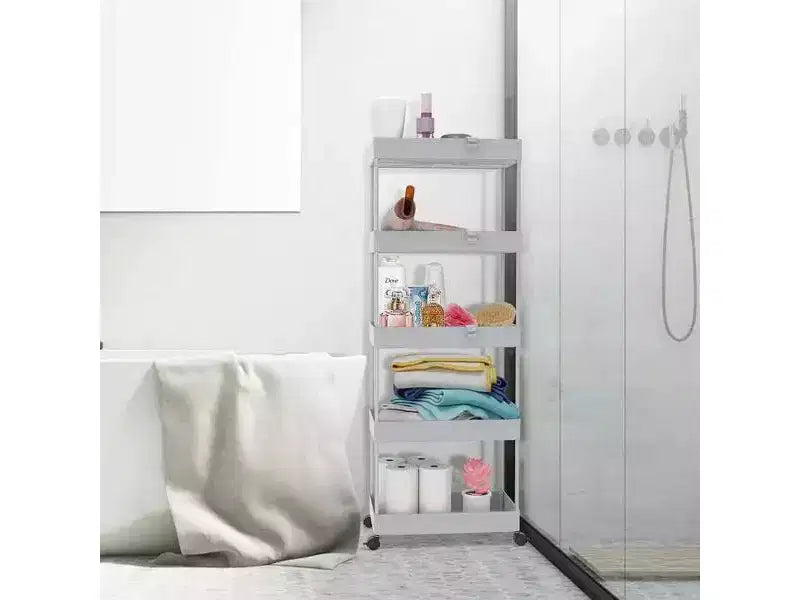 Chariot roulant à 5 niveaux, Organisateur de rangement pour salle de bain, Chariot de service, Étagère coulissante, Noir