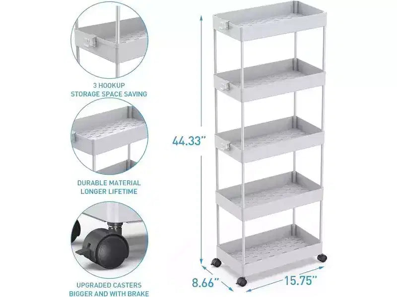 Chariot roulant à 5 niveaux, Organisateur de rangement pour salle de bain, Chariot de service, Étagère coulissante, Noir