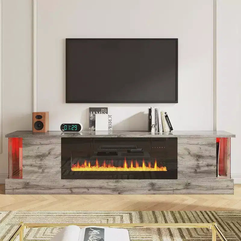 Meuble TV avec 70 lumières LED, portes abattantes et décorations en verre dans les coins