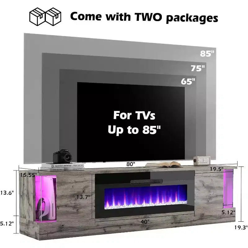 Meuble TV avec 70 lumières LED, portes abattantes et décorations en verre dans les coins