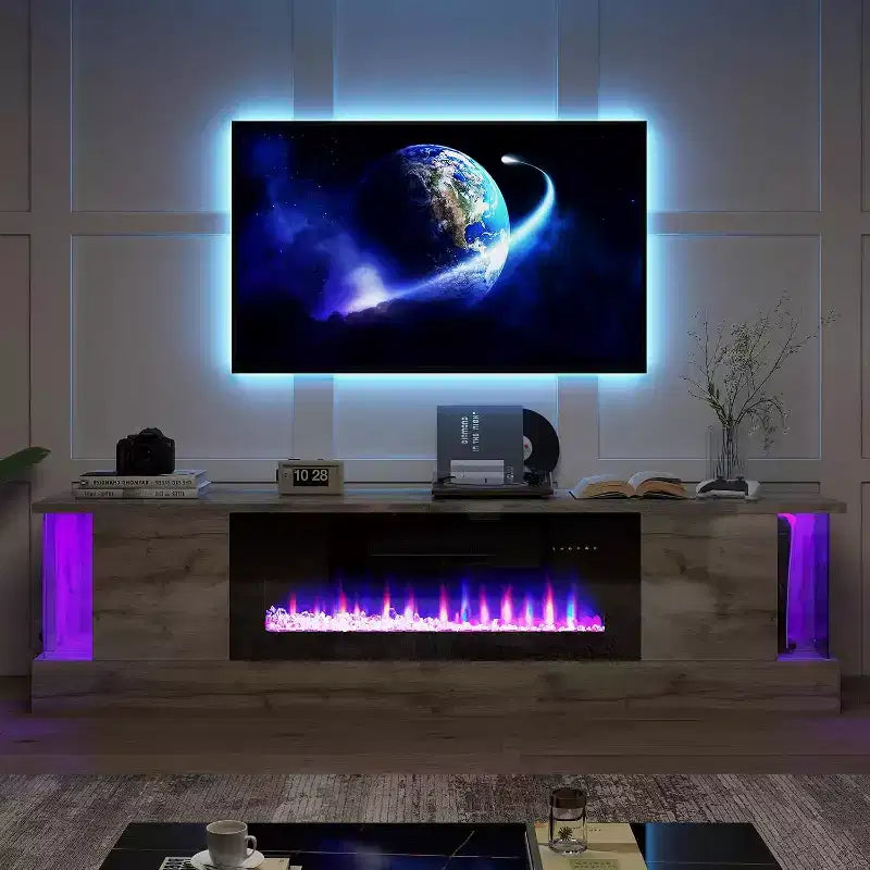Meuble TV avec 70 lumières LED, portes abattantes et décorations en verre dans les coins
