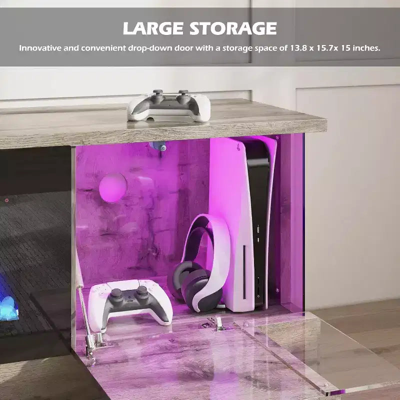 Meuble TV avec 70 lumières LED, portes abattantes et décorations en verre dans les coins