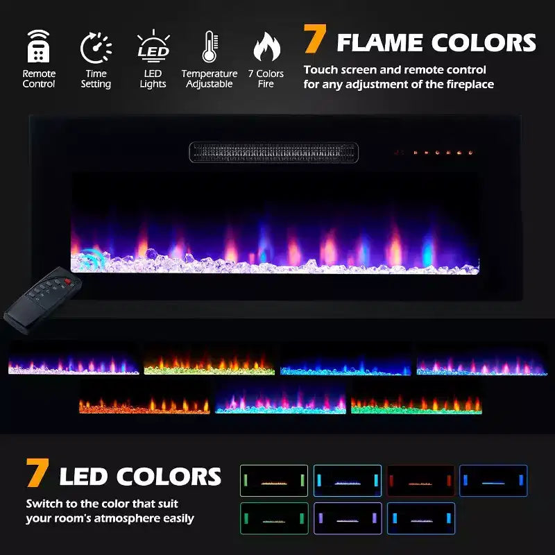Meuble TV avec 70 lumières LED, portes abattantes et décorations en verre dans les coins