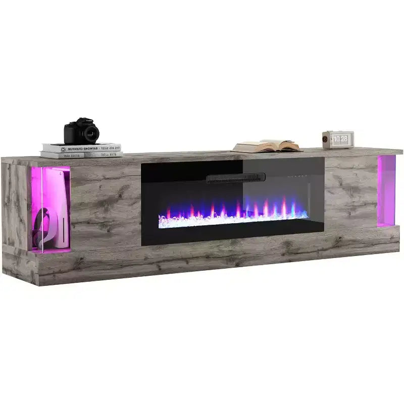 Meuble TV avec 70 lumières LED, portes abattantes et décorations en verre dans les coins