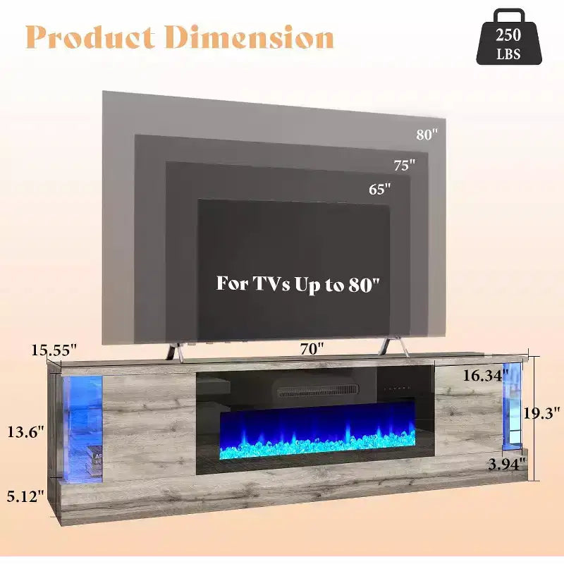 Meuble TV avec 70 lumières LED, portes abattantes et décorations en verre dans les coins