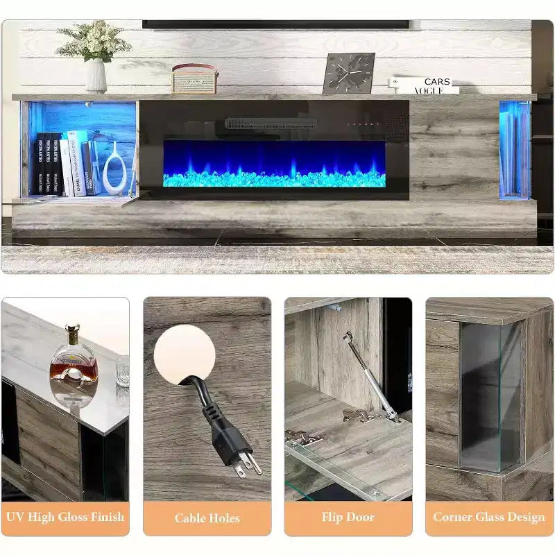 Meuble TV avec 70 lumières LED, portes abattantes et décorations en verre dans les coins