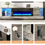 Meuble TV avec 70 lumières LED, portes abattantes et décorations en verre dans les coins