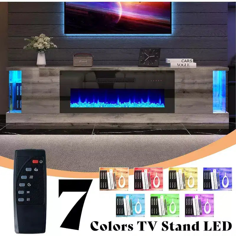 Meuble TV avec 70 lumières LED, portes abattantes et décorations en verre dans les coins