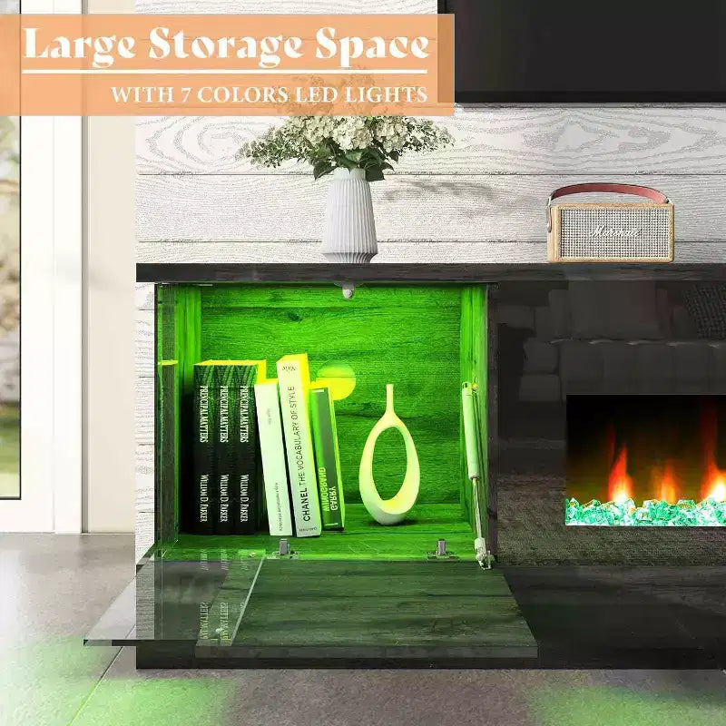 Meuble TV avec 70 lumières LED, portes abattantes et décorations en verre dans les coins