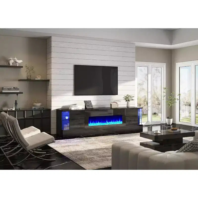 Meuble TV avec 70 lumières LED, portes abattantes et décorations en verre dans les coins