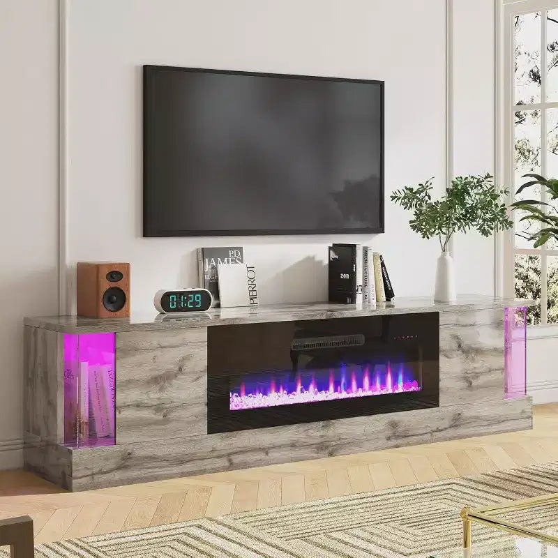 Meuble TV avec 70 lumières LED, portes abattantes et décorations en verre dans les coins