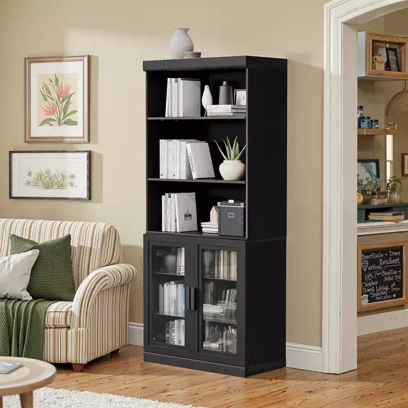Meuble de rangement d'appoint en bois noir 72x31x16, organisateur de rangement avec étagères réglables et portes vitrées pour cuisine, chambre, salon/salle à manger