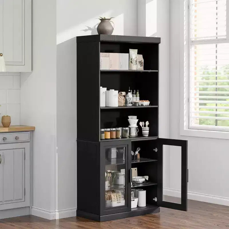 Meuble de rangement d'appoint en bois noir 72x31x16, organisateur de rangement avec étagères réglables et portes vitrées pour cuisine, chambre, salon/salle à manger