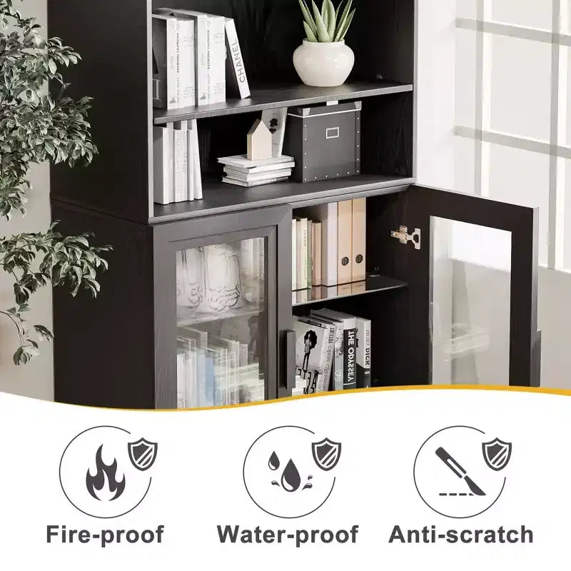 Meuble de rangement d'appoint en bois noir 72x31x16, organisateur de rangement avec étagères réglables et portes vitrées pour cuisine, chambre, salon/salle à manger