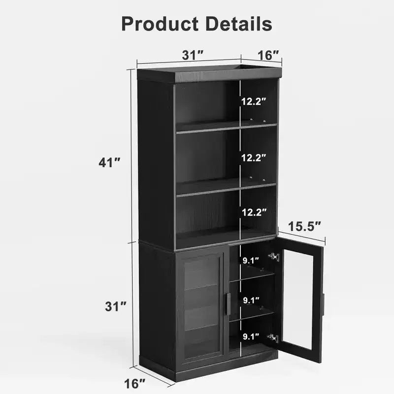Meuble de rangement d'appoint en bois noir 72x31x16, organisateur de rangement avec étagères réglables et portes vitrées pour cuisine, chambre, salon/salle à manger