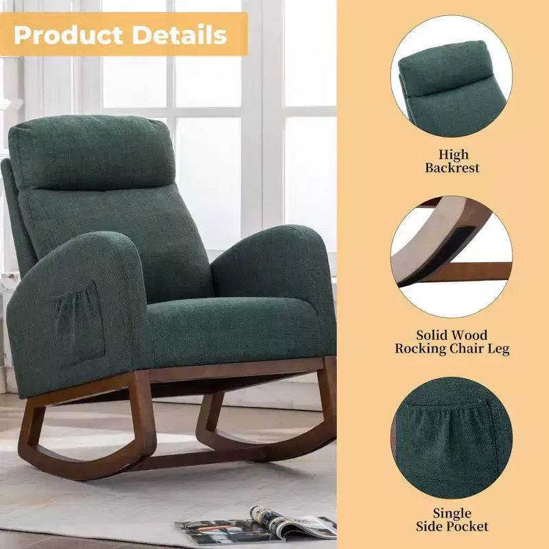 Fauteuil à bascule rembourré avec pieds en bois et pochette latérale, chaise longue confortable pour salon, chambre à coucher