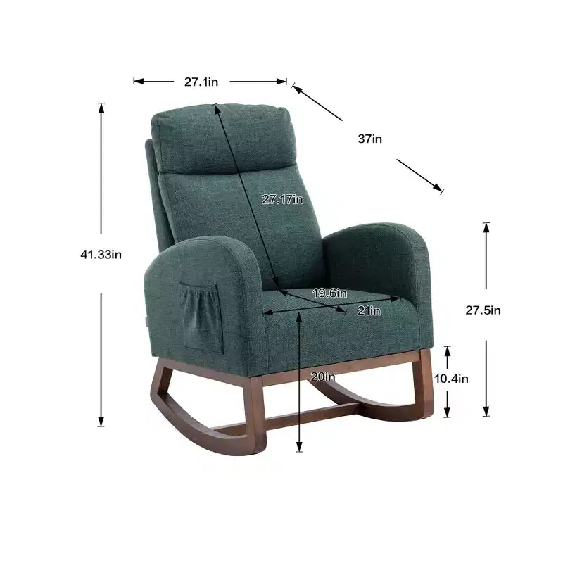 Fauteuil à bascule rembourré avec pieds en bois et pochette latérale, chaise longue confortable pour salon, chambre à coucher