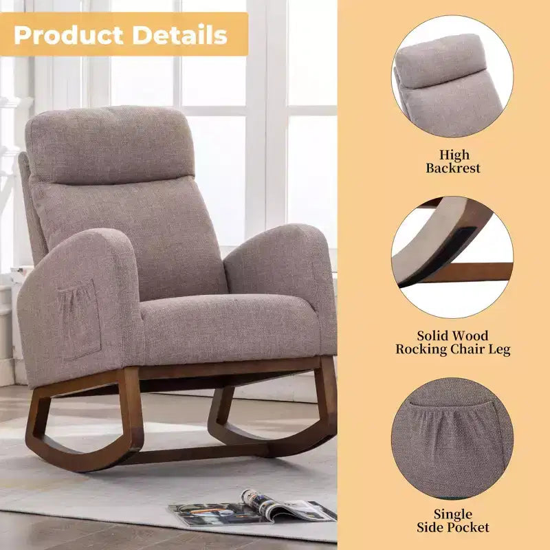 Fauteuil à bascule rembourré avec pieds en bois et pochette latérale, chaise longue confortable pour salon, chambre à coucher