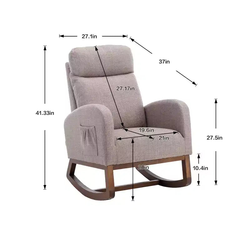 Fauteuil à bascule rembourré avec pieds en bois et pochette latérale, chaise longue confortable pour salon, chambre à coucher