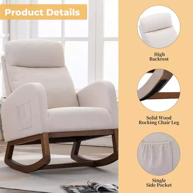 Fauteuil à bascule rembourré avec pieds en bois et pochette latérale, chaise longue confortable pour salon, chambre à coucher