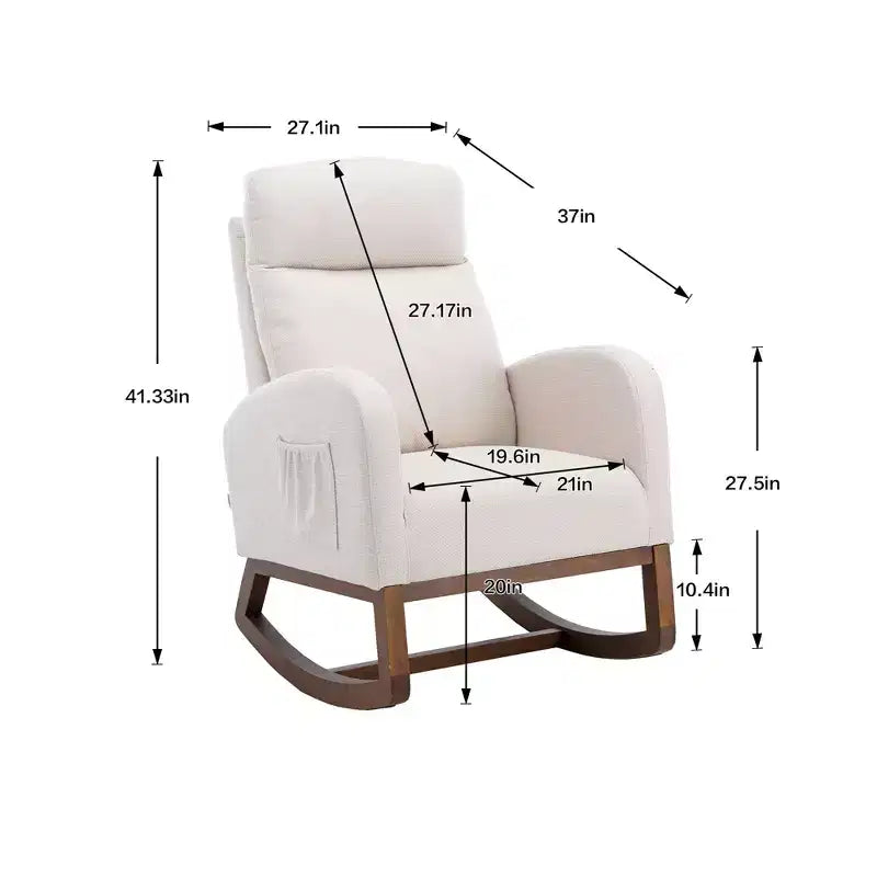 Fauteuil à bascule rembourré avec pieds en bois et pochette latérale, chaise longue confortable pour salon, chambre à coucher