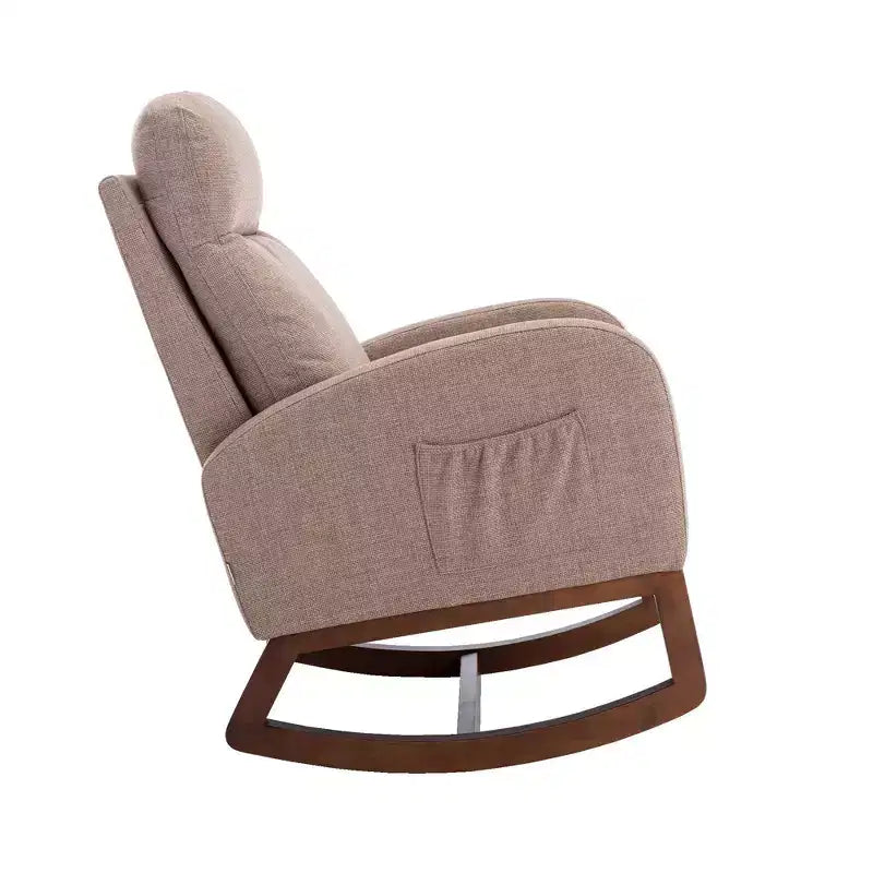 Fauteuil à bascule rembourré avec pieds en bois et pochette latérale, chaise longue confortable pour salon, chambre à coucher