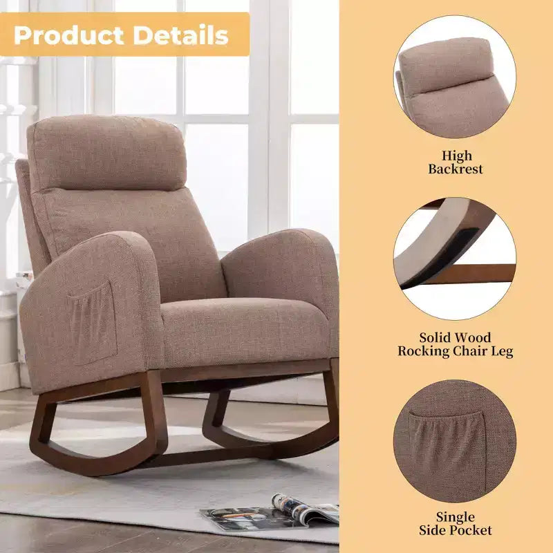 Fauteuil à bascule rembourré avec pieds en bois et pochette latérale, chaise longue confortable pour salon, chambre à coucher