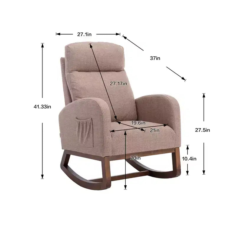 Fauteuil à bascule rembourré avec pieds en bois et pochette latérale, chaise longue confortable pour salon, chambre à coucher