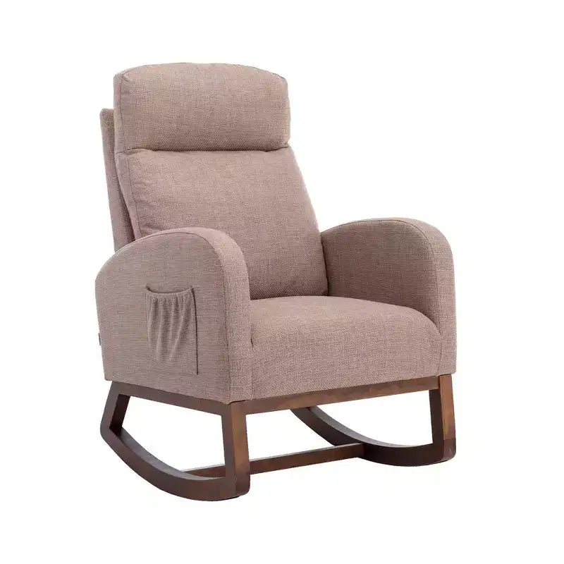 Fauteuil à bascule rembourré avec pieds en bois et pochette latérale, chaise longue confortable pour salon, chambre à coucher