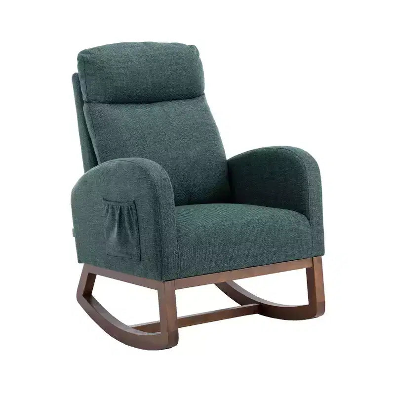 Fauteuil à bascule rembourré avec pieds en bois et pochette latérale, chaise longue confortable pour salon, chambre à coucher