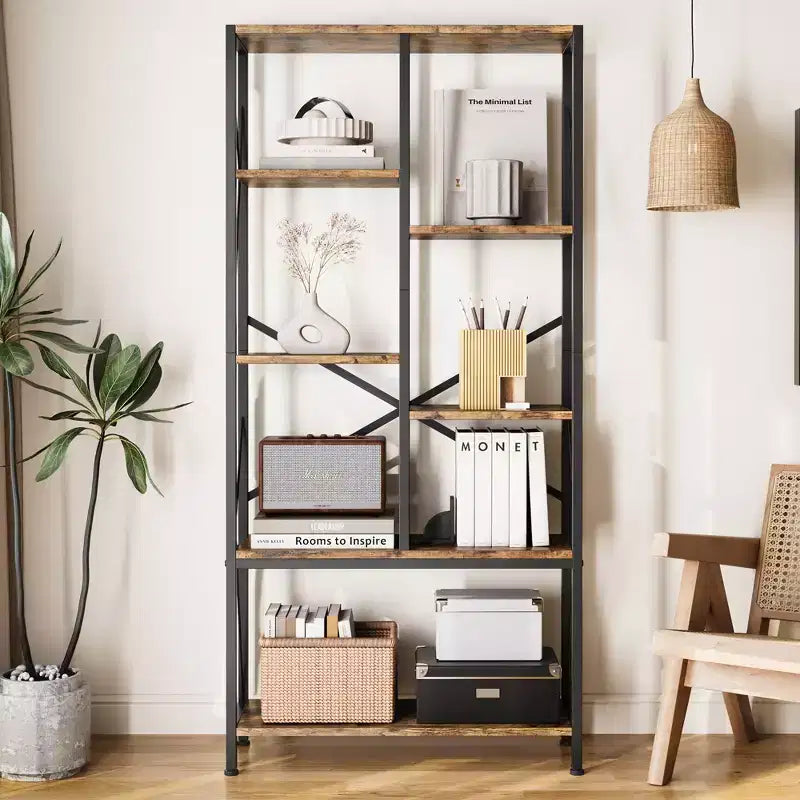 31.49 inches Split Level 5-Tier Vintage Storage Bookcase, Rustic Farmhouse Book Shelves, Large Capacity Display Rack, Metal Frame, for Bedroom