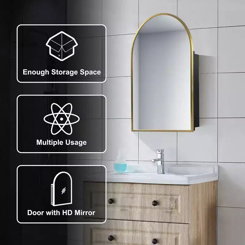 Armoire de toilette de salle de bain arquée dorée de 36 x 24 pouces avec miroir